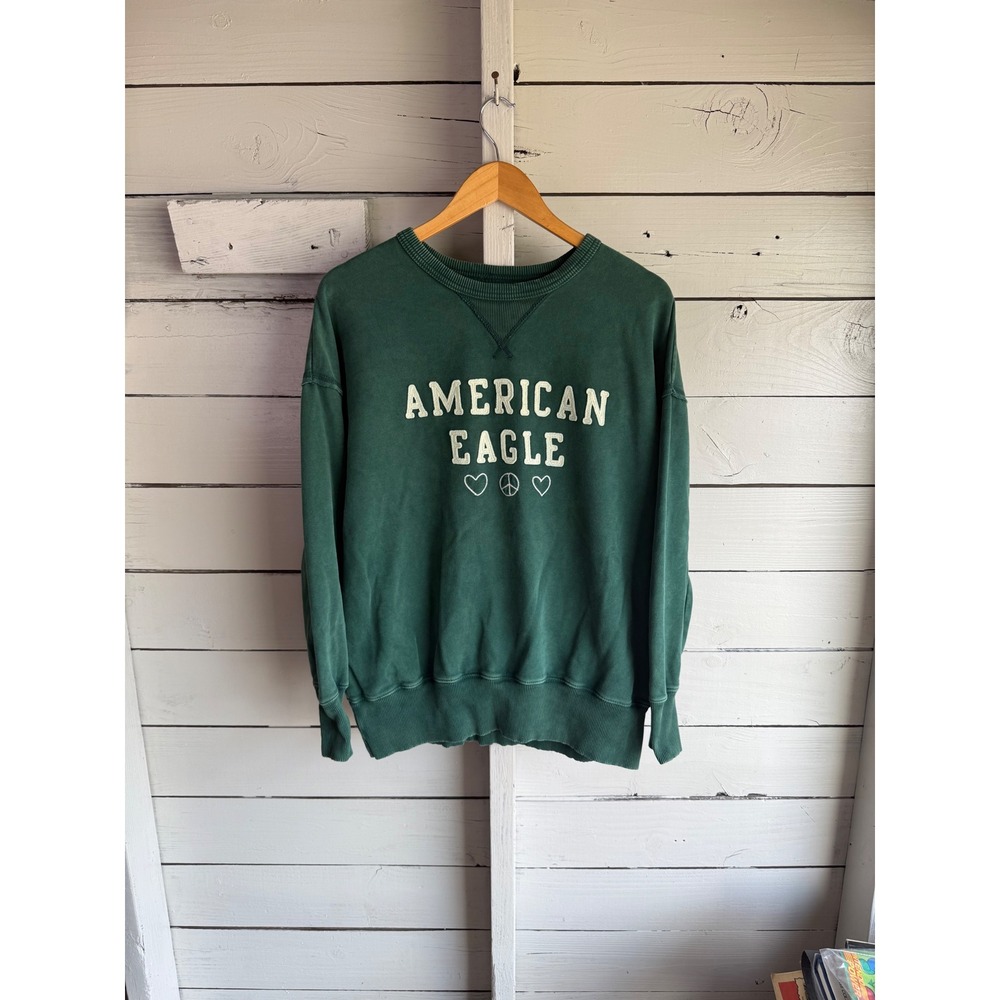 American Eagle Womens Green Graphic Crewneck Sweatshirt Peace Heart XS Oversized